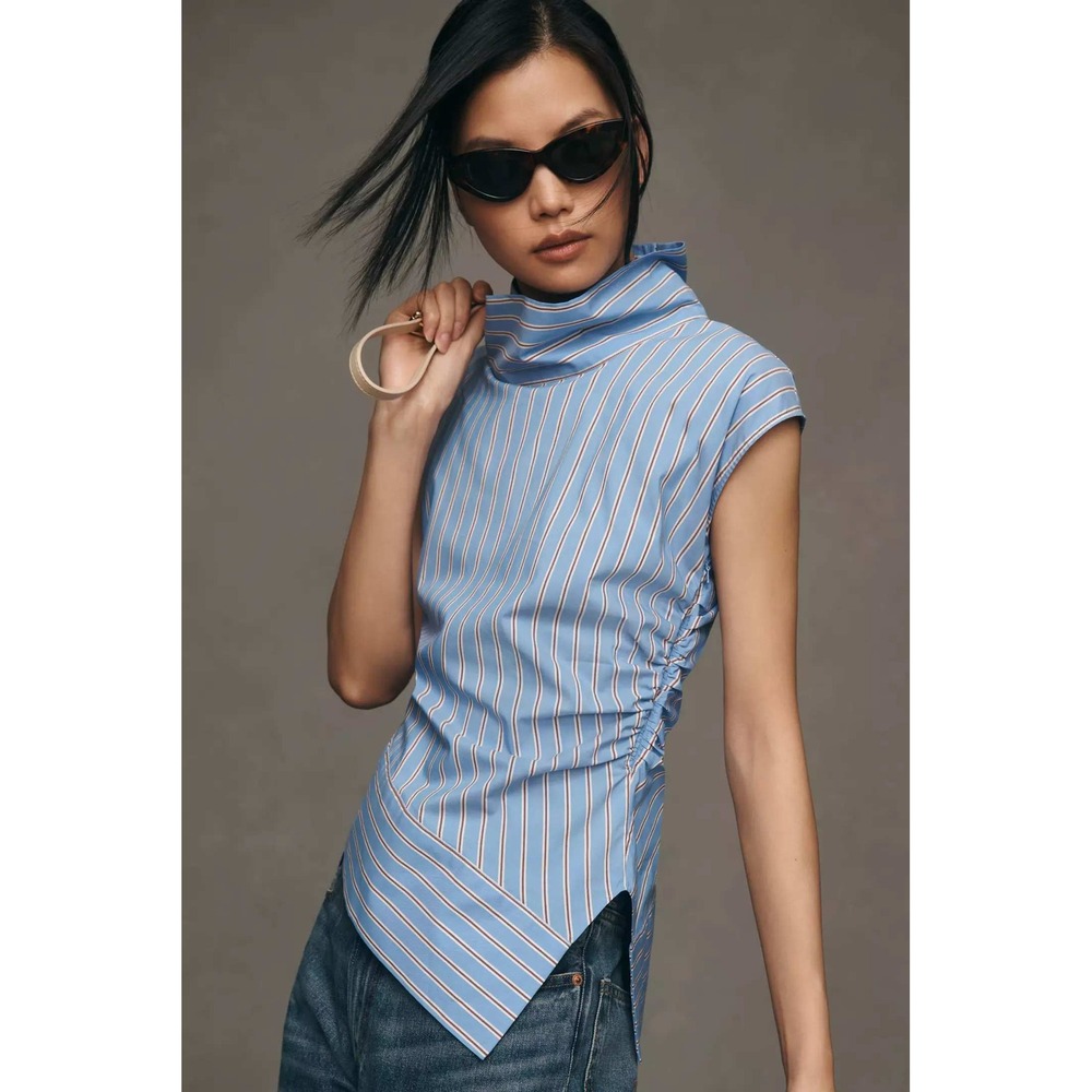 NEW Maeve Anthropologie Mock-Neck Asymmetric Muscle Top Blue Striped Medium